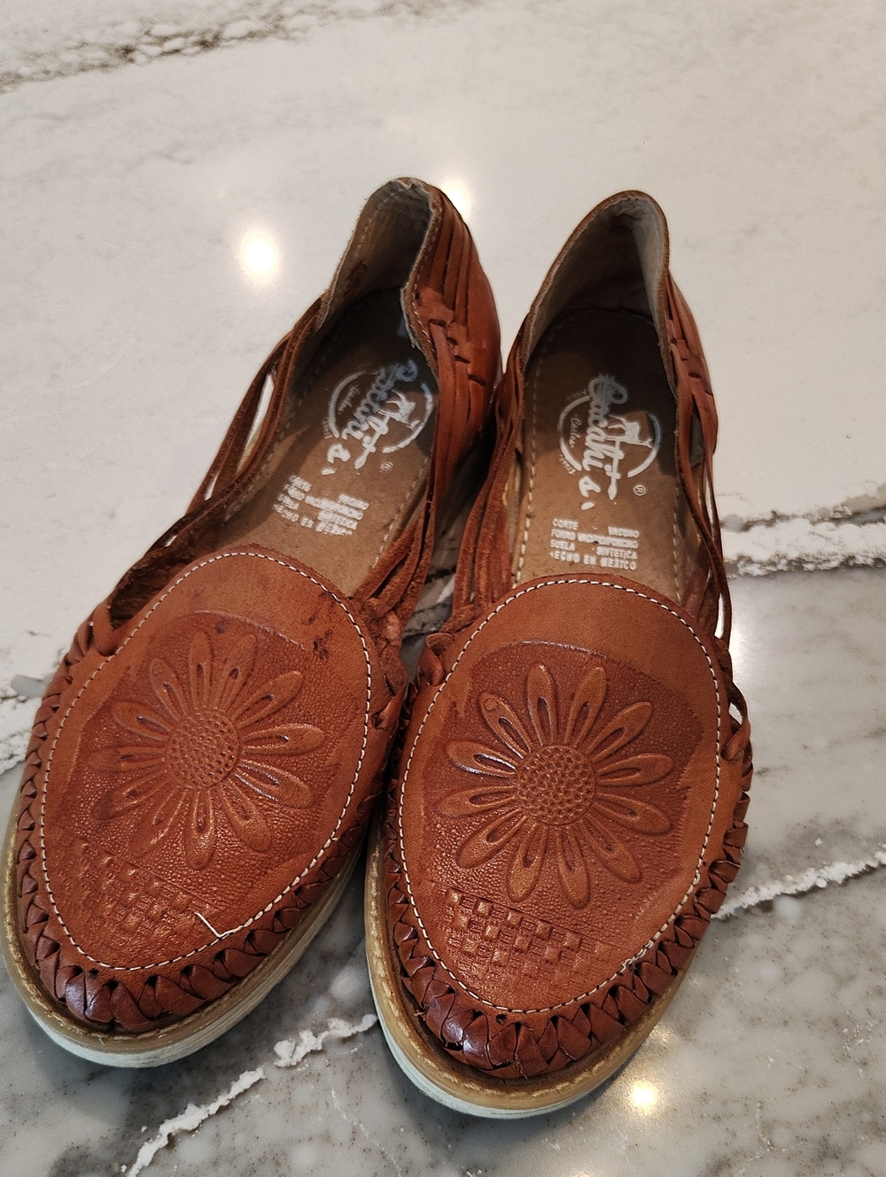 Handcrafted Brown Leather Huarache Flats - Classic Floral Sun Flower Design